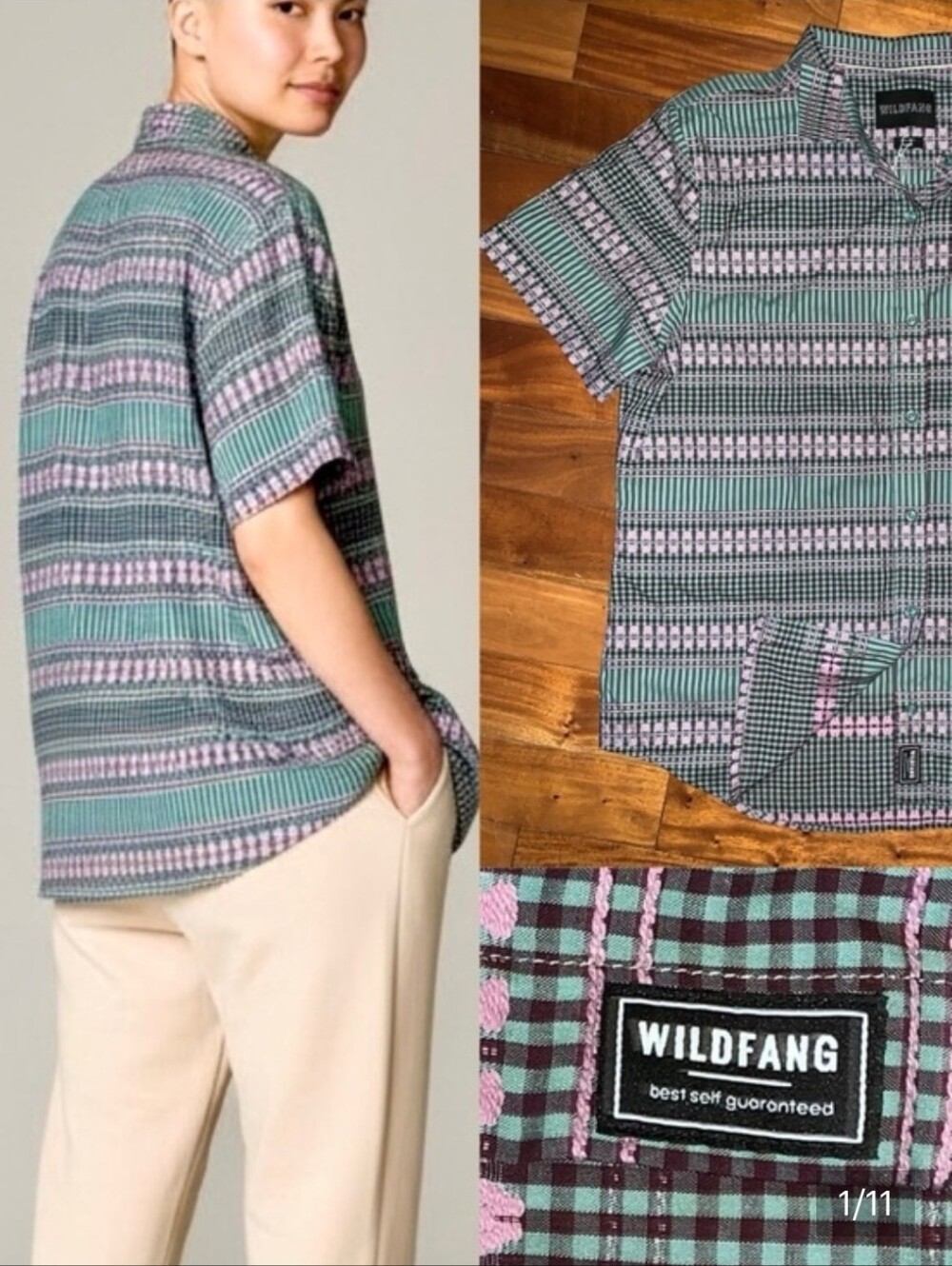 Wildfang Embroidered The Essential Gingham SS Shirt Green Lavender Size XS